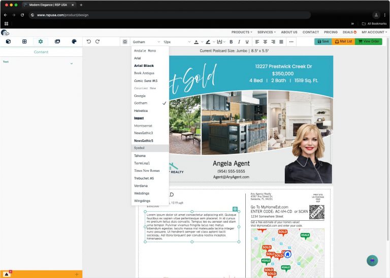Design like a pro with RSP USA's Drag-and-Drop Postcard Editor for real estate agents