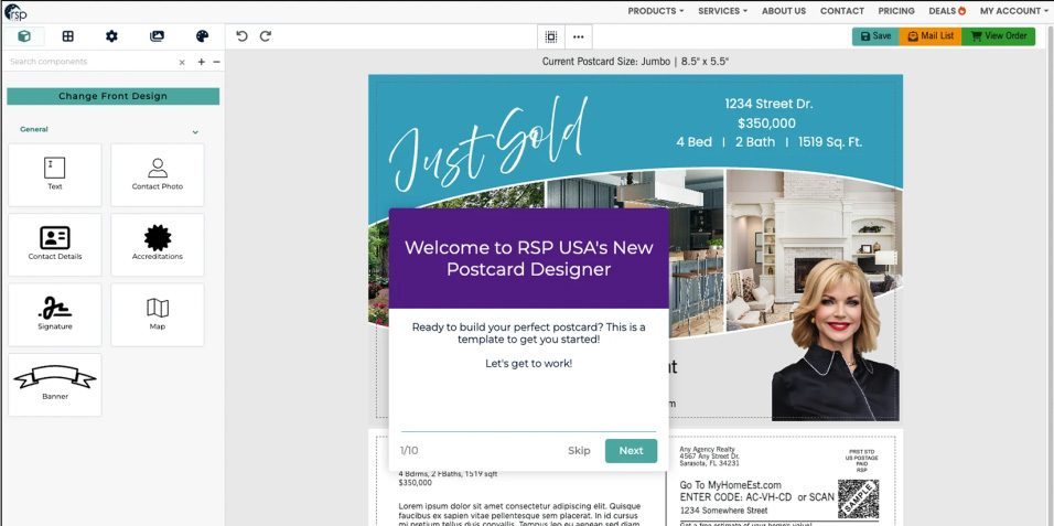 Design like a pro with RSP USA's Drag-and-Drop Postcard Editor for real estate agents
