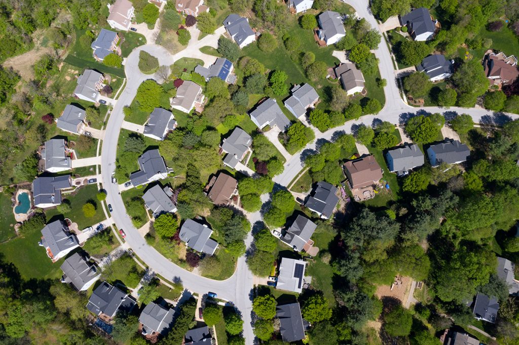 Aerial view of a suburban neighborhood targeted for real estate farming