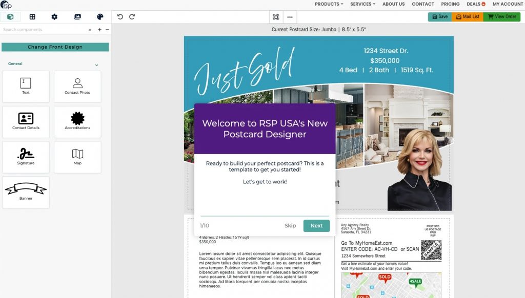 Real estate agent using a drag-and-drop postcard editor on a desktop computer
