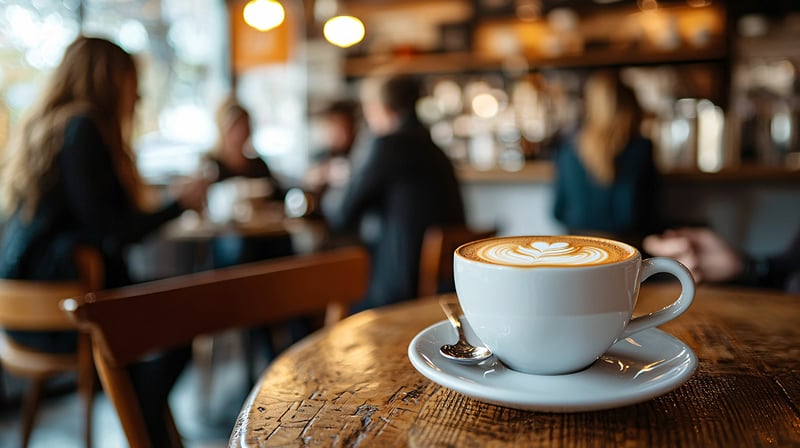 Coffee in a white mug sitting on a table in the foreground of a busy coffee shop