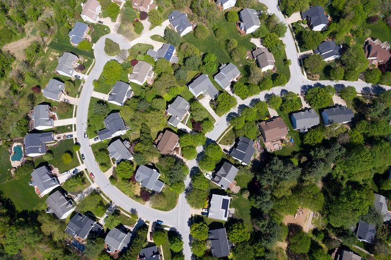 Overhead view of a residential neighborhood