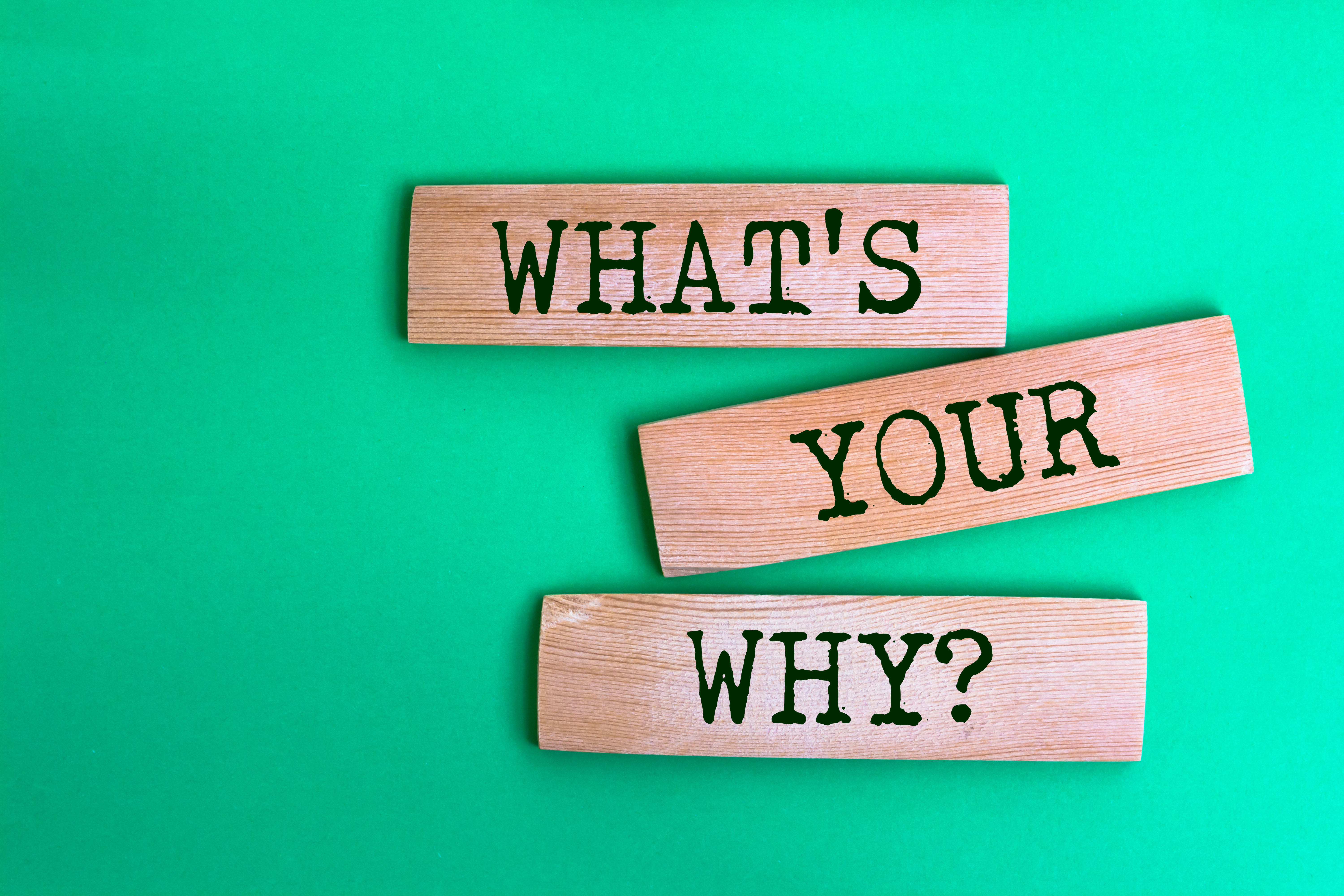 Wooden blocks with words What's Your Why? on a green solid background